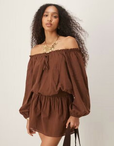 �G�C�\�X ���f�B�[�X �g�b�v�X �����s�[�X �~�j�����s�[�X �~�j �R�b�g�� ASOS DESIGN cotton boho off the shoulder mini dress in chocolate Chocolate �`���R���[�g