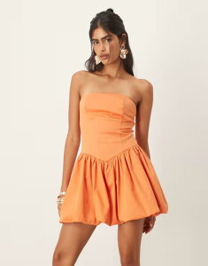 �}���S ���f�B�[�X �g�b�v�X �����s�[�X �~�j�����s�[�X �~�j �R�b�g�� Mango cotton mix bandeau drop waist bubble hem mini dress in orange�I�����W