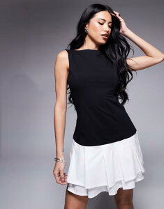 �G�C�\�X ���f�B�[�X �g�b�v�X �����s�[�X �~�j�����s�[�X �~�j �X�J�[�g �m�[�X���[�u ASOS DESIGN sleeveless slash neck dropped poplin skirt mini dress and BLACK & WHITE �z���C�g