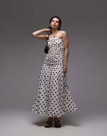 マンゴ レディース トップス ワンピース Mango bandeau maxi dress with dropped waist and ruched bodice in mono polka dot print WHITE