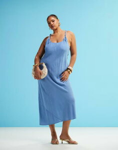 GC\X fB[X gbvX s[X }LVs[X fj l }LV ASOS Curve ASOS DESIGN Curve linen mix twist strap bias maxi dress in denim Denim Blue fj