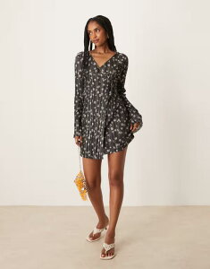 �G�C�\�X ���f�B�[�X �g�b�v�X �����s�[�X �~�j�����s�[�X �v�����g �~�j ASOS DESIGN plisse long angel sleeve wrap front mini dress in daisy print Mono daisy
