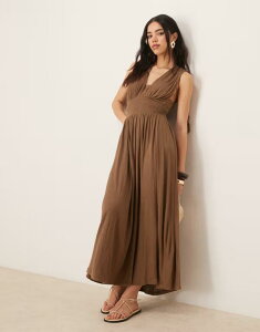 �G�C�\�X ���f�B�[�X �g�b�v�X �����s�[�X �}�L�V�����s�[�X ���[�X �}�L�V ASOS DESIGN crinkle plunge lace bust tassel maxi dress in chocolate Chocolate �`���R���[�g