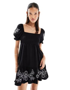 �~�X�Z���t�t���b�W ���f�B�[�X �g�b�v�X �����s�[�X �~�j�����s�[�X �~�j �h�J Miss Selfridge embroidered puff sleeve mini dress with white embroidery Black �u���b�N