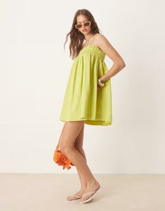 �~�X�Z���t�t���b�W ���f�B�[�X �g�b�v�X �����s�[�X �~�j�����s�[�X �~�j �R�b�g�� Miss Selfridge cotton smock mini dress in lime Lime ���C��