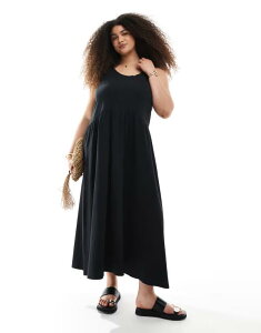 �G�C�\�X ���f�B�[�X �g�b�v�X �����s�[�X �~�f�B�����s�[�X �M���U�[ �~�f�B ASOS Curve ASOS DESIGN Curve ruched scoop smock midi dress Black �u���b�N