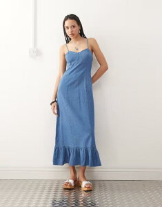 ���N���C�� ���B���e�[�W ���f�B�[�X �g�b�v�X �����s�[�X �f�j�� �}�L�V Reclaimed Vintage denim seam detailing strappy maxi slip dress in mid Mid Blue �u���[