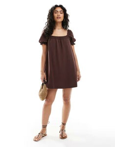 �~�X�Z���t�t���b�W ���f�B�[�X �g�b�v�X �����s�[�X �~�j�����s�[�X �~�j Miss Selfridge seersucker smock mini dress with shirring in chocolate Chocolate �`���R���[�g