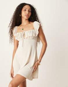 �G�C�\�X ���f�B�[�X �g�b�v�X �����s�[�X �~�j�����s�[�X �t���� �~�j ���l�� ASOS DESIGN linen look square neck ruffle detail skater mini dress IVORY �A�C�{���[