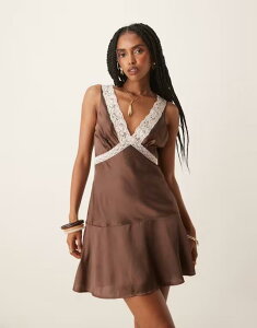 �G�C�\�X ���f�B�[�X �g�b�v�X �����s�[�X �~�j�����s�[�X �~�j �T�e�� ���[�X ASOS DESIGN satin flippy mini dress with lace details in chocolate Chocolate �`���R���[�g