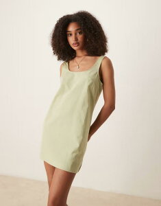 �G�C�\�X ���f�B�[�X �g�b�v�X �����s�[�X �~�j�����s�[�X �~�j �R�b�g�� ���l�� ASOS DESIGN scoop neck cotton linen mini dress in sage Sage �Z�[�W