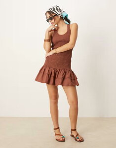 �G�C�\�X ���f�B�[�X �g�b�v�X �����s�[�X �t������ �~�j�����s�[�X �t���� �~�j ASOS DESIGN racer neck shirred ruffle hem mini dress in chocolate chocolate �`���R���[�g