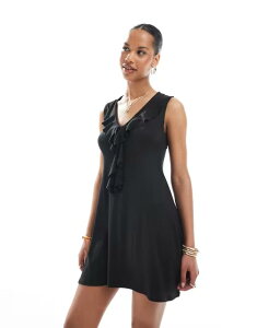 �~�X�Z���t�t���b�W ���f�B�[�X �g�b�v�X �����s�[�X �t���� �~�j �_�E�� Miss Selfridge ruffle down tie front mini summer dress Black �u���b�N