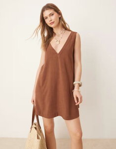 �G�C�\�X ���f�B�[�X �g�b�v�X �����s�[�X V�l�b�N �~�j�����s�[�X �~�j ASOS DESIGN deep V-neck mini dress in chocolate Chocolate �`���R���[�g