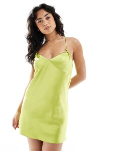�~�X�Z���t�t���b�W ���f�B�[�X �g�b�v�X �����s�[�X �~�j�����s�[�X �~�j �T�e�� Miss Selfridge tie straps satin mini dress in bright Bright green �O���[��
