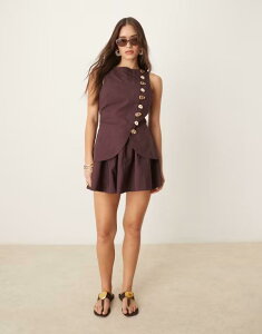 yz GC\X fB[X s[X gbvX ASOS DESIGN linen blend mini vest dress with poplin skirt in chocolate Chocolate