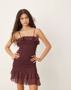 �G�C�\�X ���f�B�[�X �g�b�v�X �����s�[�X �t���� �~�j ASOS DESIGN cami tie shirred ruffle mini in chocolate Chocolate �`���R���[�g