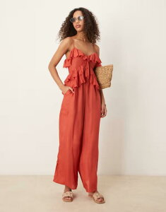 �G�C�\�X ���f�B�[�X �g�b�v�X �W�����v�X�[�c �t���� ASOS DESIGN ruffle micro bust viscose jumpsuit with shirred back in rust���X�g