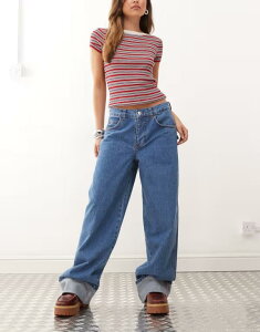 �R���[�W���� ���f�B�[�X �{�g���X �f�j���p���c �W�[���Y COLLUSION X002 baggy jeans with cuffed hems in mid wash with red stitching MID BLUE �u���[
