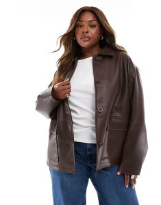 �G�C�\�X ���f�B�[�X �A�E�^�[ �W���P�b�g�E�u���]�� ���U�[ �W���P�b�g ASOS Curve ASOS DESIGN Curve leather look harrington jacket in chocolate Brown �u���E��