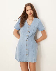 �G�C�\�X ���f�B�[�X �g�b�v�X �����s�[�X �E�G�X�g�}�[�N �~�j�����s�[�X �~�j �f�j�� ASOS DESIGN denim mini dress with cinched waist and short sleeve in light Bleach �f�j��
