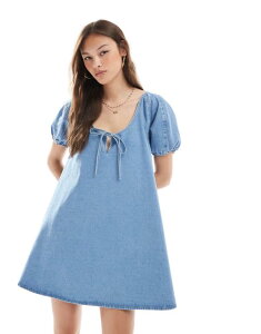 �~�X�Z���t�t���b�W ���f�B�[�X �g�b�v�X �����s�[�X Miss Selfridge tie front trapeze swing dress in mid wash Mid Wash
