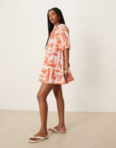 �G�C�\�X ���f�B�[�X �g�b�v�X �����s�[�X �~�j�����s�[�X �v�����g �~�j �R�b�g�� ASOS DESIGN puff sleeve cotton poplin mini dress postcard print Red postcard print ���b�h