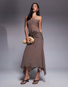 �G�C�\�X ���f�B�[�X �g�b�v�X �����s�[�X �}�L�V�����s�[�X ���b�V�� �}�L�V ASOS DESIGN mesh corsetted bandeau maxi dress in chocolate Chocolate �`���R���[�g