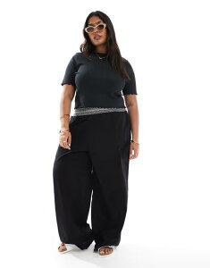 yz GC\X fB[X JWApc {gX ASOS DESIGN Curve linen look pull on wide leg pants with shirred waist detail in black with cream Black with cream