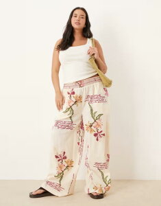 GC\X fB[X {gX JWApc ln ASOS DESIGN Curve linen blend pull-on wide leg pants with shirred waist detail in floral print