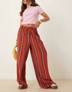 �G�C�\�X ���f�B�[�X �{�g���X �J�W���A���p���c ���C�h���b�O �p���c ���l�� ASOS DESIGN linen blend wide leg pull-on pants in maroon stripe Multi Stripe �}���`�J���[