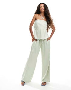 yz GC\X fB[X JWApc {gX ASOS DESIGN satin wide leg pull on pants in sage - part of a set Sage Green