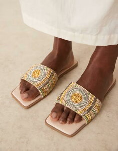 �G�C�\�X ���f�B�[�X �V���[�Y �T���_�� ASOS DESIGN Fig square toe flat mule sandals with beads in multi Gold Multi �S�[���h