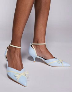 �p�u���b�N�f�U�C�A ���f�B�[�X �V���[�Y �T���_�� �q�[�� Public Desire Goldberg kitten heel mules with bow Blue/Yellow �u���[