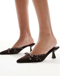 ���C�h ���f�B�[�X �V���[�Y �T���_�� �q�[�� RAID Tinsley kitten heeled mules with bows in chocolate CHOC MICRO �`���R���[�g
