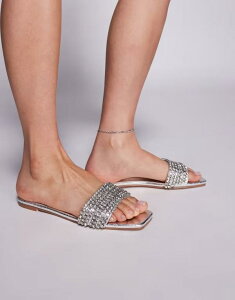 yz V~ fB[X T_ V[Y Simmi London Paison rhinestone flat sandals in silver metallic Silver metallic pu