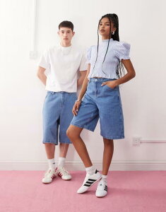 ���N���C�� ���B���e�[�W ���f�B�[�X �{�g���X �n�[�t�p���c�E�V���[�c �f�j�� Reclaimed Vintage Unisex denim jorts in bleach wash Blue �u���[