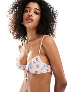 �~�X�Z���t�t���b�W ���f�B�[�X ���� �g�b�v�̂� �v�����g �t���� Miss Selfridge ruffle tie front underwire bikini top in rose print ROSE PRINT