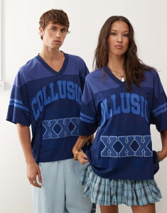 �R���[�W���� ���f�B�[�X �g�b�v�X T�V���c �v�����g �W���[�W�[ COLLUSION Unisex soccer jersey blue with print and applique detail BLUE �u���[