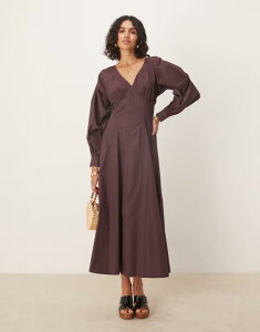�G�C�\�X ���f�B�[�X �g�b�v�X �����s�[�X V�l�b�N �}�L�V�����s�[�X �}�L�V ASOS DESIGN long sleeve v neck poplin maxi dress in chocolate Chocolate �`���R���[�g