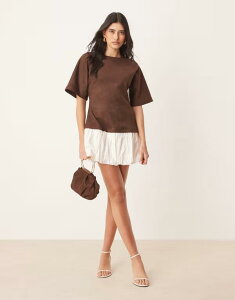GC\X fB[X gbvX s[X ~js[X ~j TVc XG[h ASOS DESIGN suedette T-shirt mini dress with bubble hem BROWN uE
