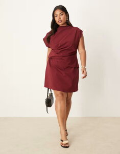 �G�C�\�X ���f�B�[�X �g�b�v�X �����s�[�X �n�C�l�b�N �~�j�����s�[�X �v���[�c �~�j ASOS Curve ASOS DESIGN Curve high neck pleated bengaline mini dress Burgundy �o�[�K���f�B