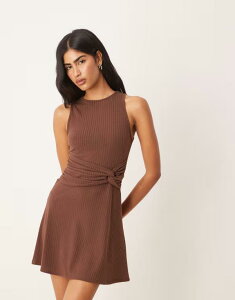 �G�C�\�X ���f�B�[�X �g�b�v�X �����s�[�X �~�j�����s�[�X ���u �~�j �m�[�X���[�u ASOS DESIGN ribbed sleeveless racer knot waist mini dress in chocolate Chocolate �`���R���[�g