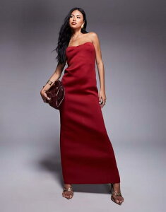 �G�C�\�X ���f�B�[�X �g�b�v�X �����s�[�X �}�L�V�����s�[�X �X�L���[�o �}�L�V ASOS DESIGN structured scuba bandeau maxi dress in dark cherry red ���b�h