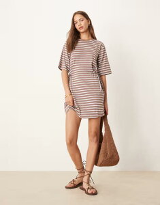 �G�C�\�X ���f�B�[�X �g�b�v�X �����s�[�X �~�j�����s�[�X �~�j ASOS DESIGN striped cinched mini dress with tie side BROWN �u���E��