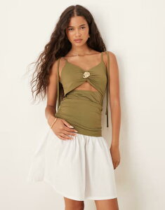�G�C�\�X ���f�B�[�X �g�b�v�X �����s�[�X �J�b�g�A�E�g �~�j�����s�[�X �~�j �X�J�[�g ASOS DESIGN tie strap cut out poplin skirt mini dress with hardware detail in olive OLIVE �I���[�u