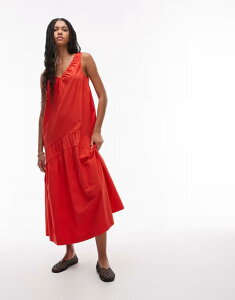 �g�b�v�V���b�v ���f�B�[�X �g�b�v�X �����s�[�X �~�f�B�����s�[�X �~�f�B Topshop dropped waist throw on poplin midi dress in tomato RED ���b�h