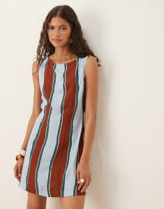 �G�C�\�X ���f�B�[�X �g�b�v�X �����s�[�X �~�j�����s�[�X �~�j ���l�� ASOS DESIGN linen blend slash neck mini dress wide stripes Blue Wide Stripe �u���[