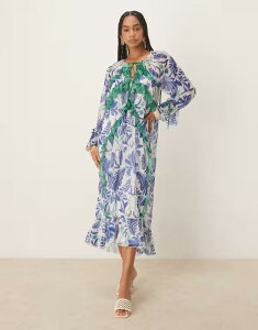 �z�[�v���A�C�r�[ ���f�B�[�X �g�b�v�X �����s�[�X �v�����g �t���� �V�A�[ Hope & Ivy ruffle detail sheer midaxi dress and white palm print Blue �u���[