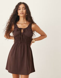 �G�C�\�X ���f�B�[�X �g�b�v�X �����s�[�X �~�j�����s�[�X �M���U�[ �~�j ASOS DESIGN prairie ruched bust mini dress in chocolate Chocolate �`���R���[�g